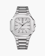 Silver Pagani Design watch with packaging on a white background