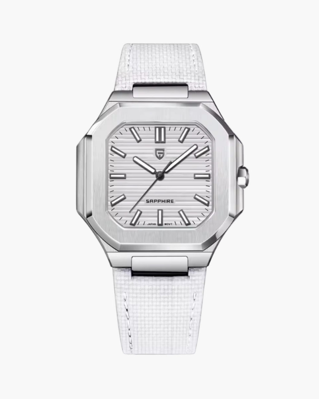 Pagani Design watch with white strap and silver case on a white background