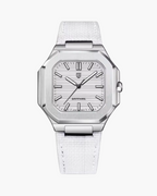 Pagani Design watch with white strap and silver case on a white background