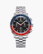 Silver watch with a black and red face on a white background