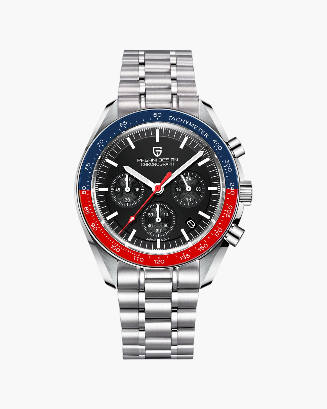 Silver watch with a black and red face on a white background