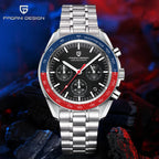 Pagani Design watch with silver band and red and blue accents on a dark background