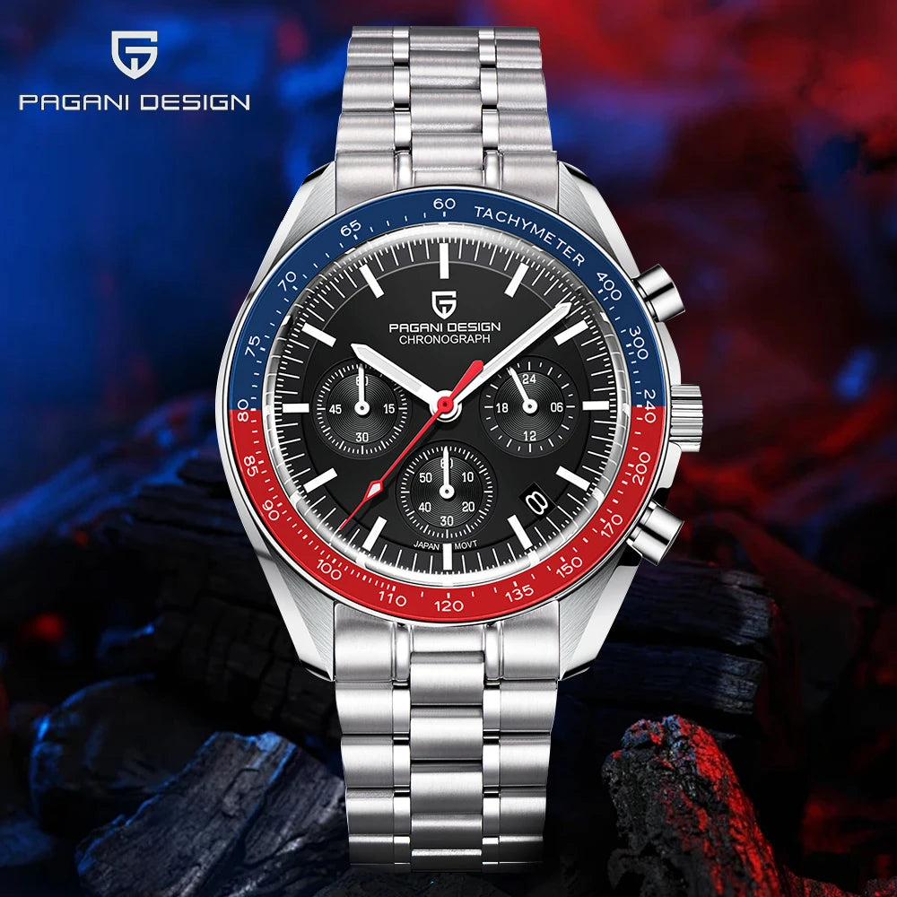 Pagani Design watch with silver band and red and blue accents on a dark background