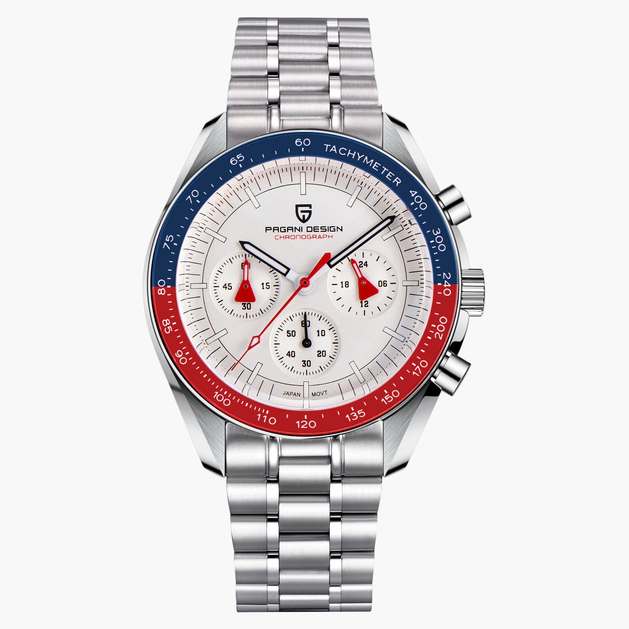 Silver watch with a red and blue face on a white background