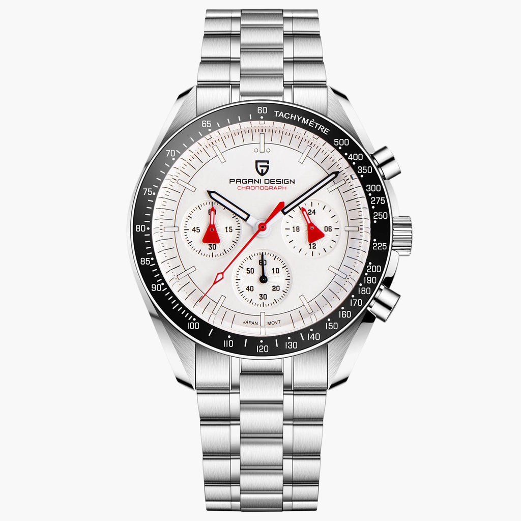 Silver Pagani Design watch with a white face on a white background