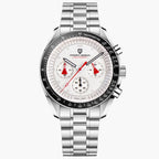 Silver Pagani Design watch with a white face on a white background