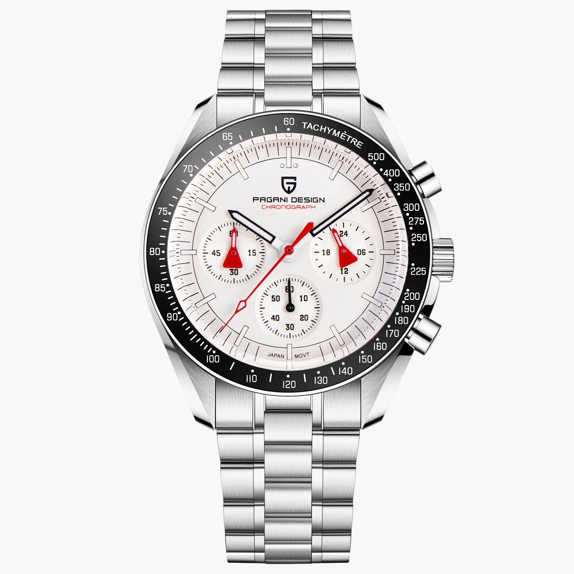 Silver Pagani Design watch with a white face on a white background