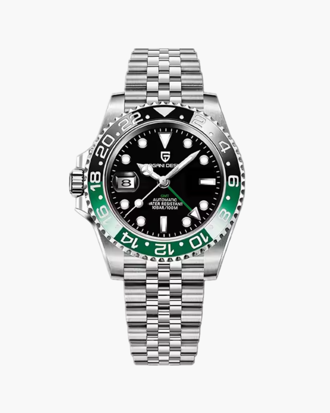 Pagani Design watch with green bezel and black dial on a white background