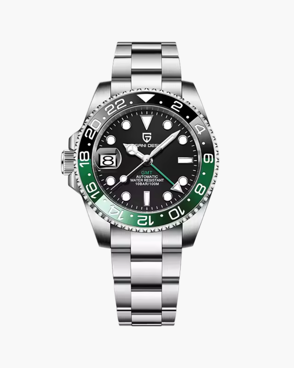 Pagani Design watch with green and black bezel on a white background
