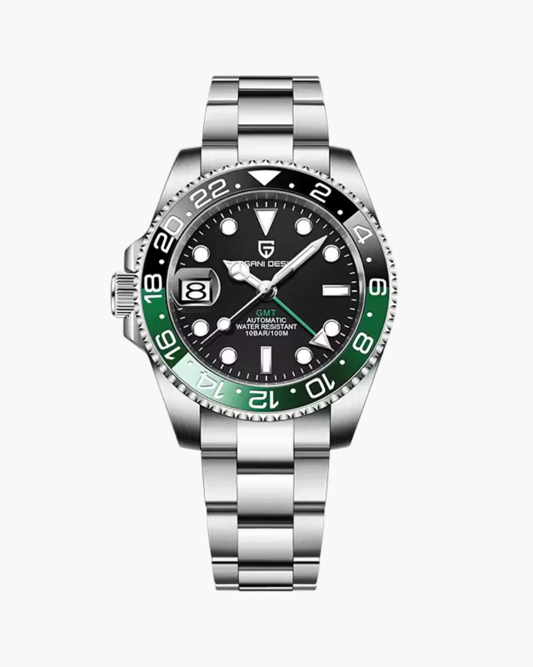 Pagani Design watch with green and black bezel on a white background
