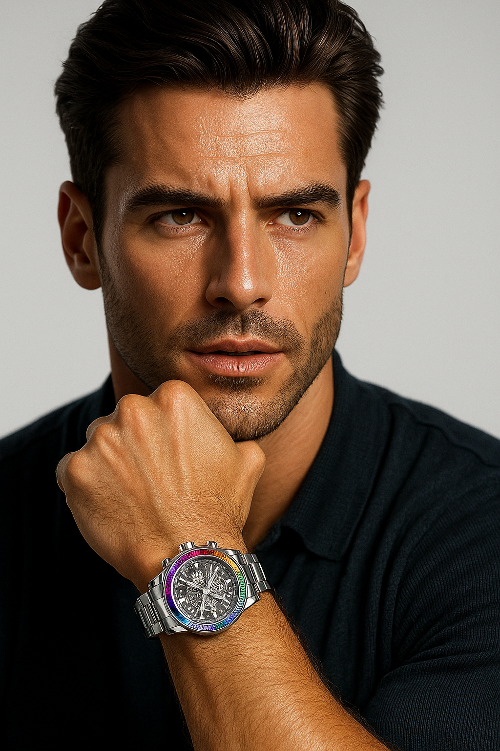 Man wearing a colorful wristwatch with a neutral background