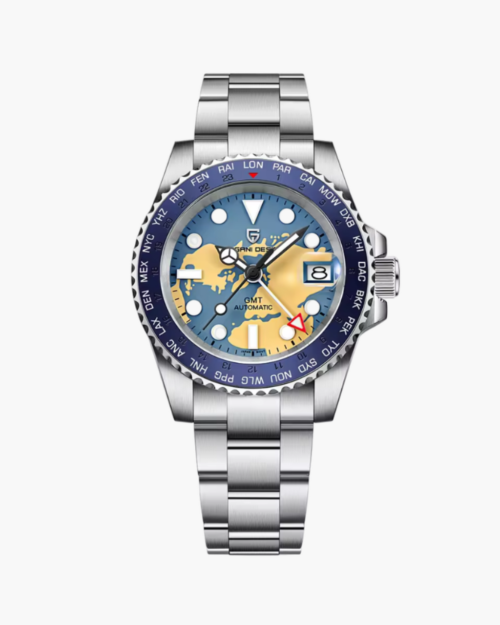 Silver watch with a black and red face on a white background