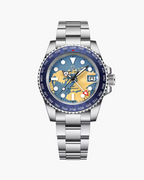 Silver watch with a black and red face on a white background