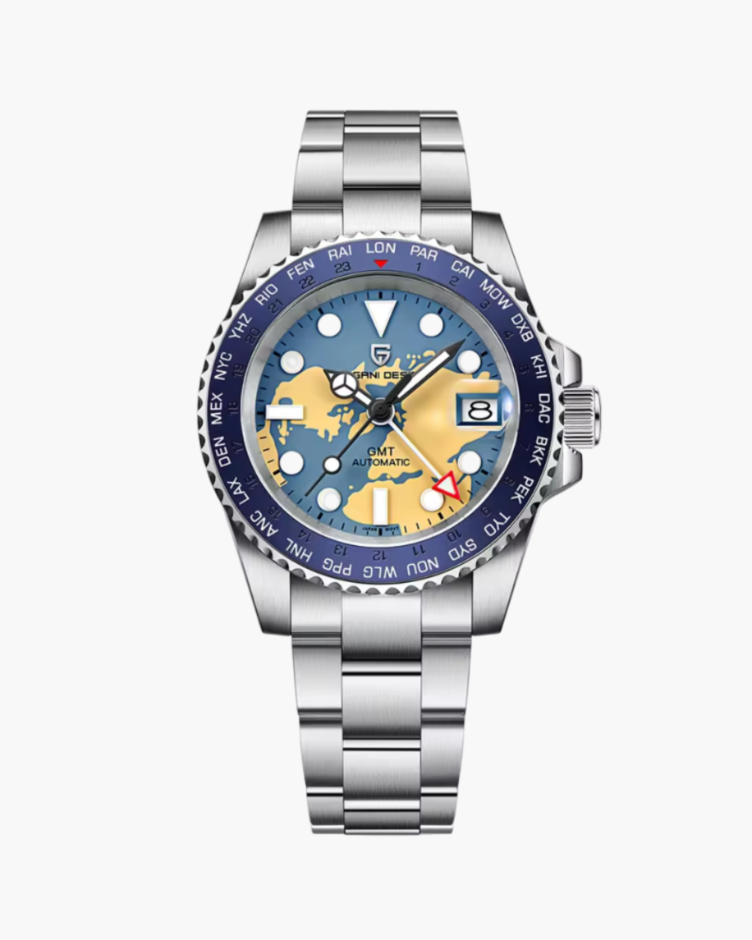 Silver watch with a black and red face on a white background