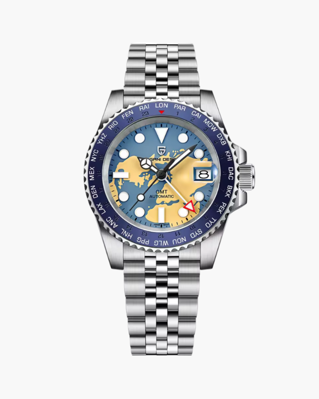 Luxury watch with black strap and blue dial on a white background