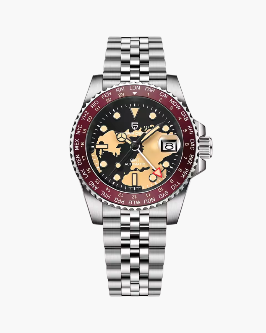 Pagani Design watch with detailed face and silver metal strap on a white background