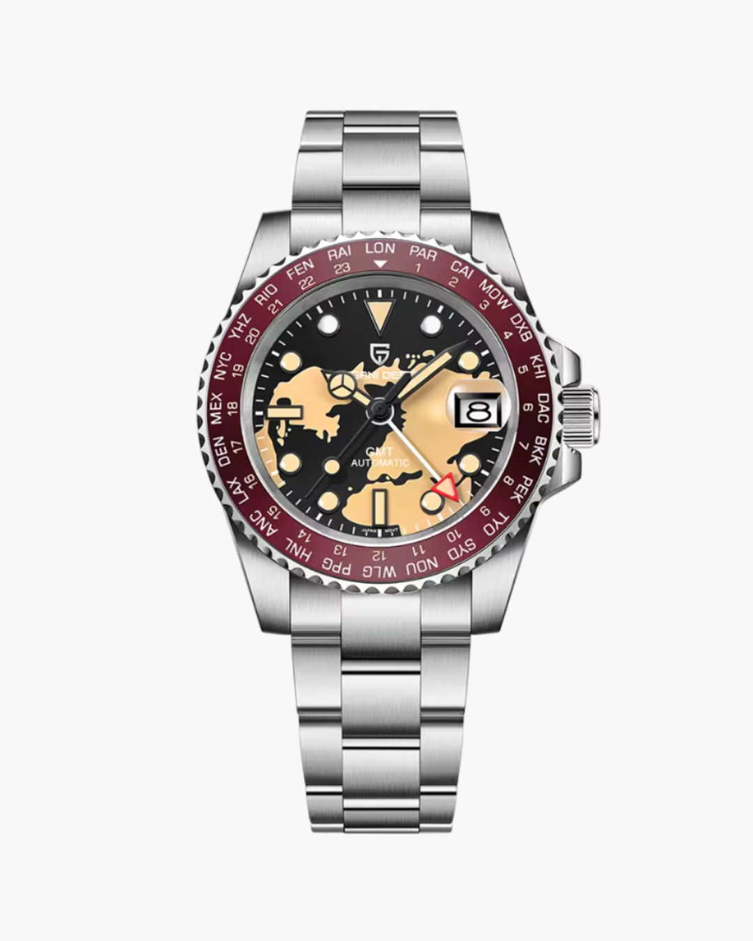 Pagani Design watch with detailed face and silver band on a white background