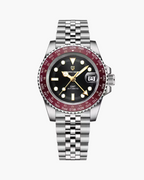 Silver watch with black dial on a white background