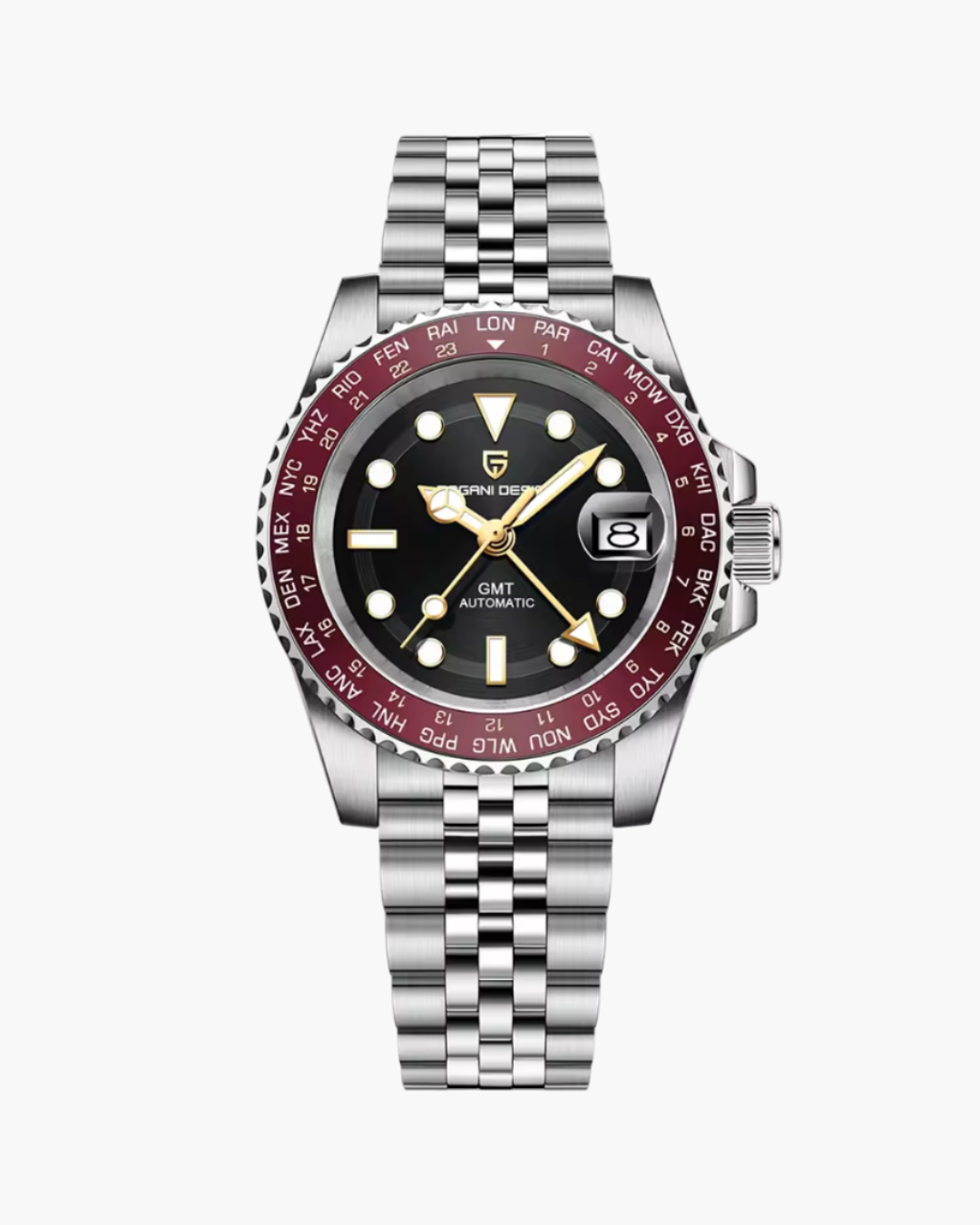 Silver watch with black dial on a white background