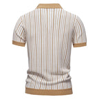 Back view of a striped polo shirt with brown accents on a white background