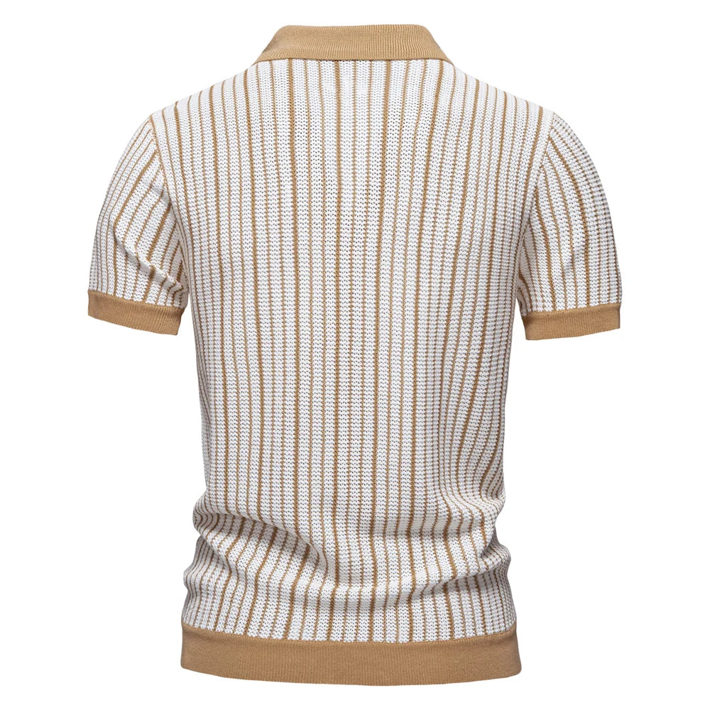 Back view of a striped polo shirt with brown accents on a white background