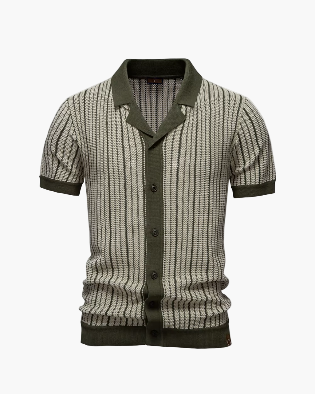 Short-sleeve shirt with striped pattern and green accents on a white background