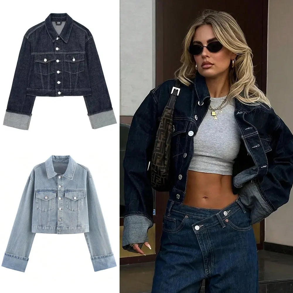 Denim jacket with a woman wearing it and accessorized with sunglasses and a handbag.