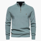 Light blue sweater with a quarter zip on a white background