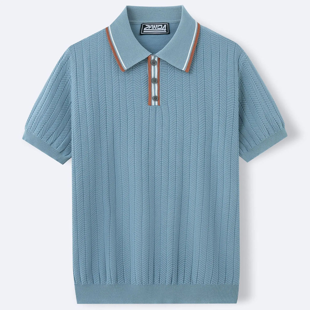 Blue ribbed knit polo shirt with a collar on a light gray background