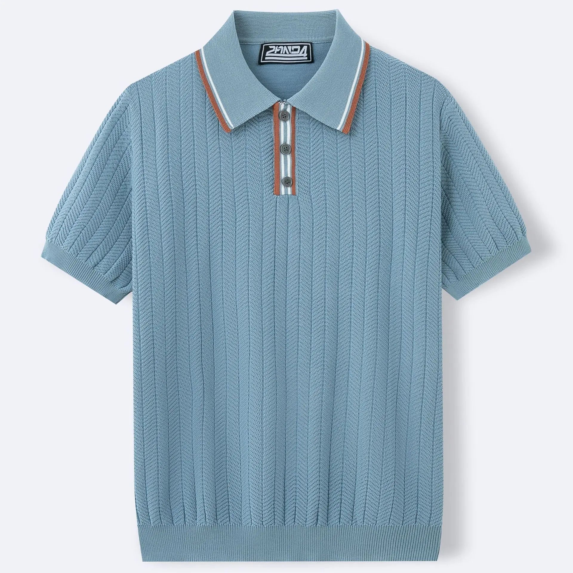 Blue ribbed knit polo shirt with a collar on a light gray background