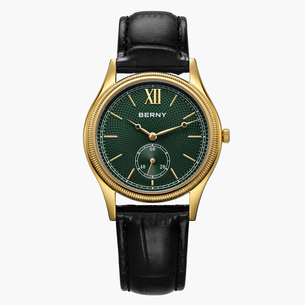 Berny watch with black leather strap and green dial on a white background