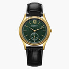 Berny watch with black leather strap and green dial on a white background