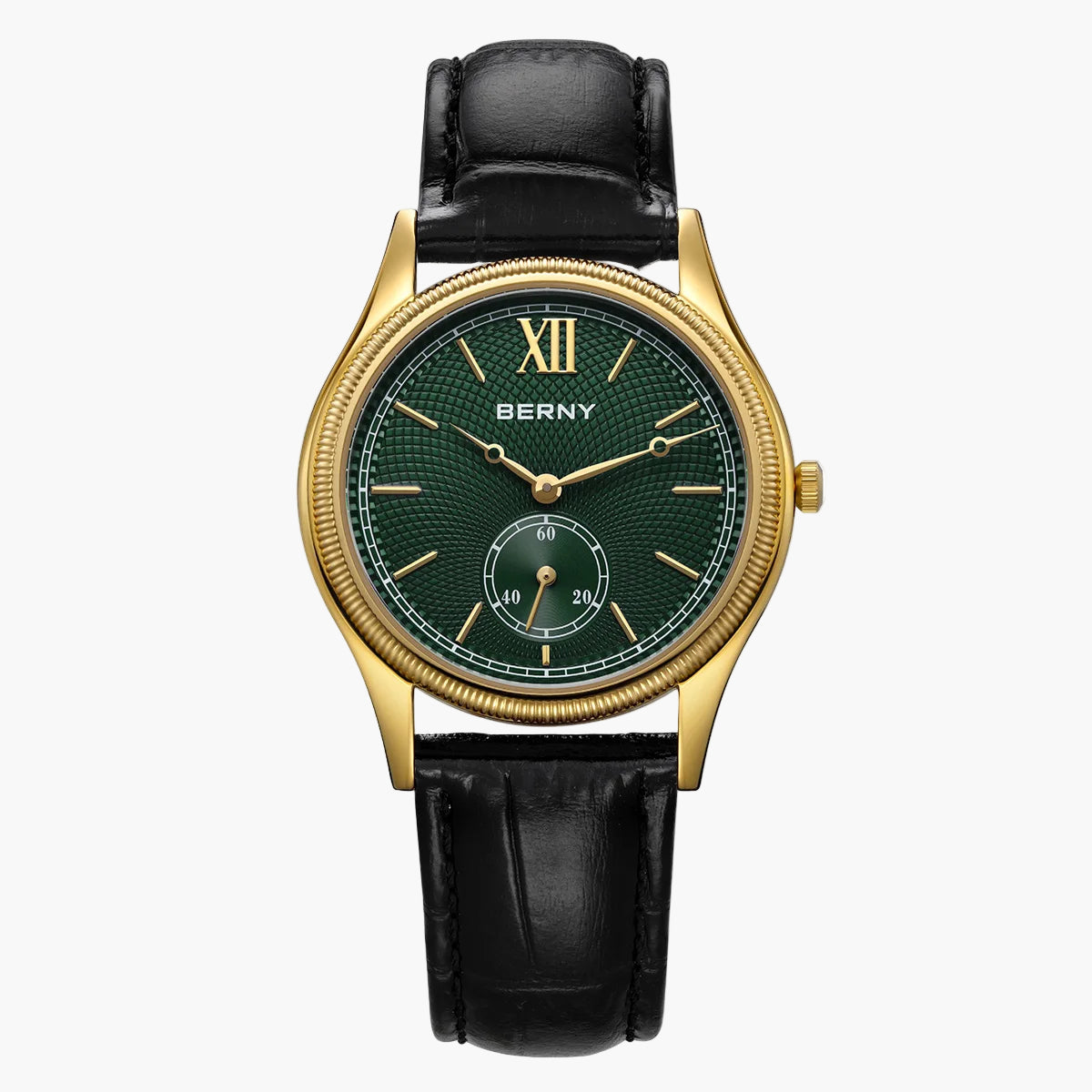 Berny watch with black leather strap and green dial on a white background