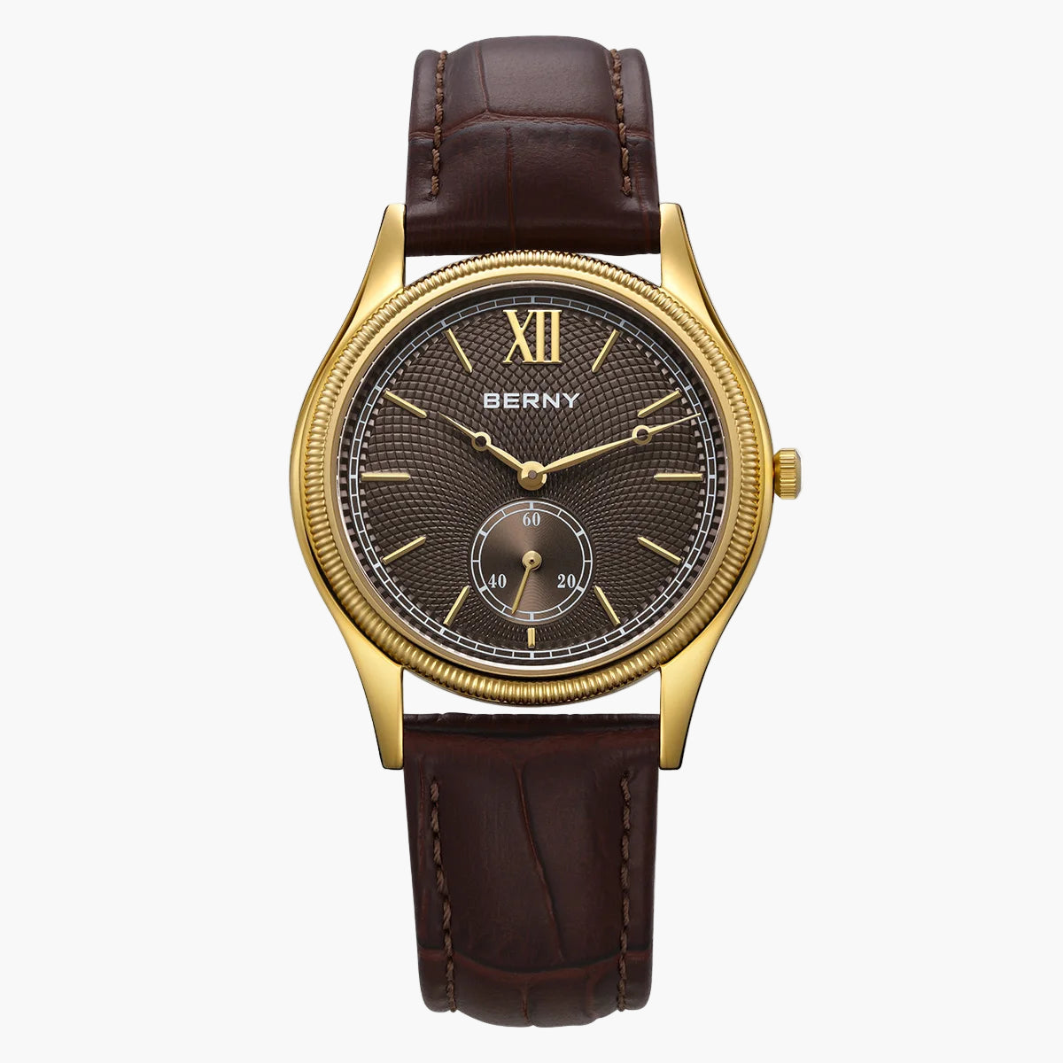 Wristwatch with brown leather strap and gold case on a white background