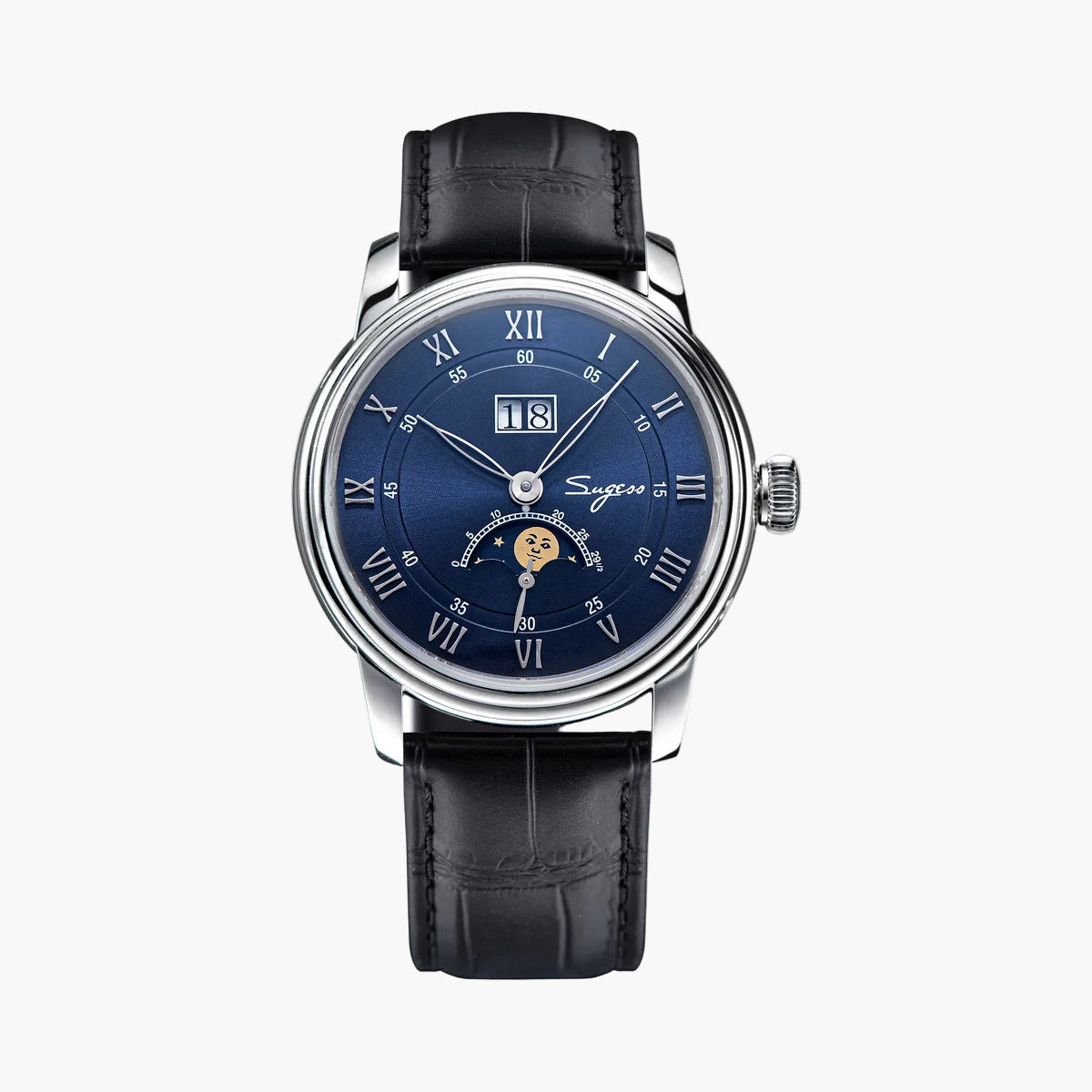 Luxury watch with blue dial and black leather strap on a white background