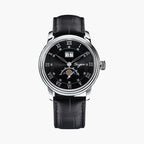 Black wristwatch with silver case and black leather strap on a white background