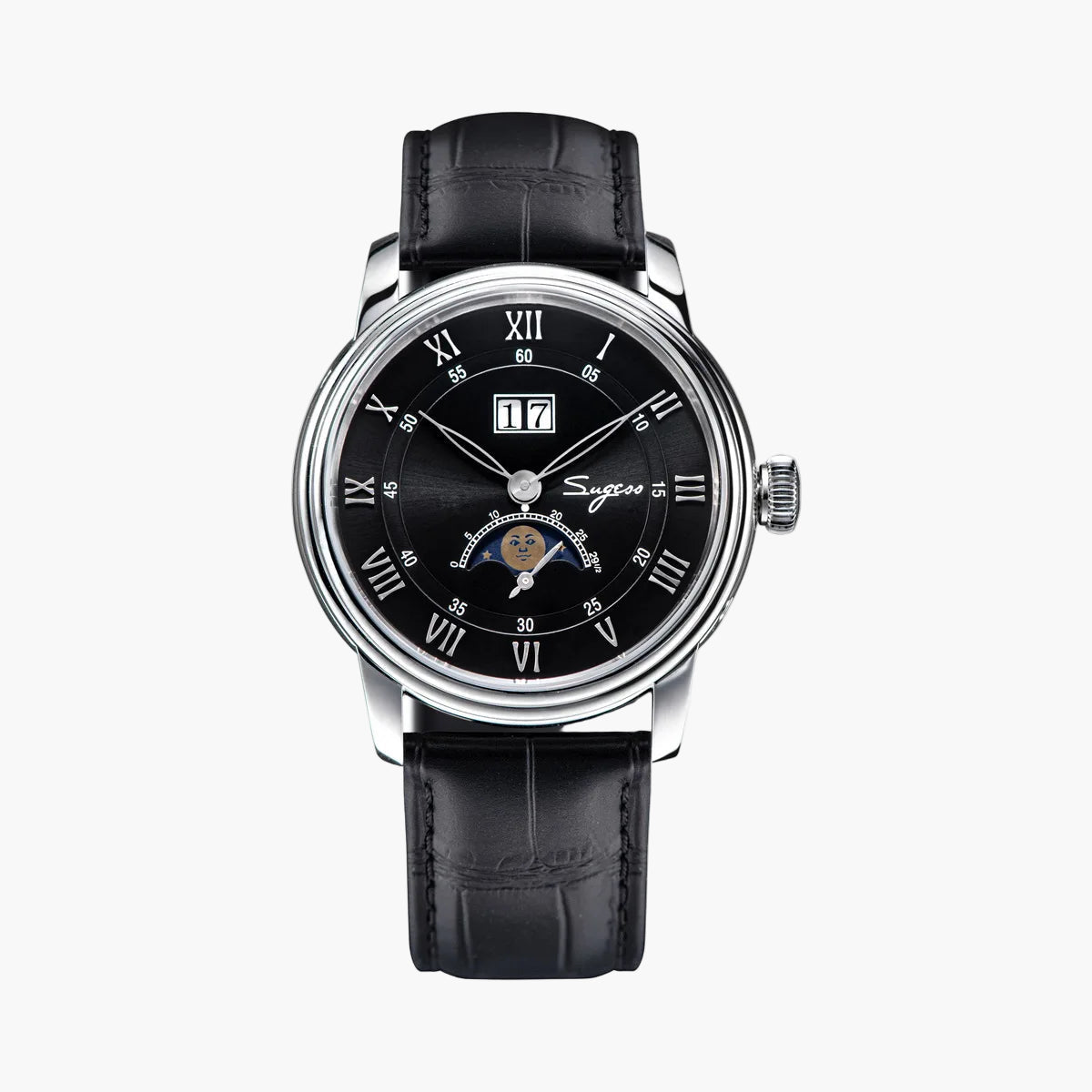 Black wristwatch with silver case and black leather strap on a white background