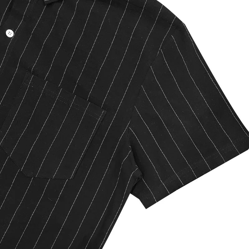 Black pinstripe shirt with a pocket on a white background