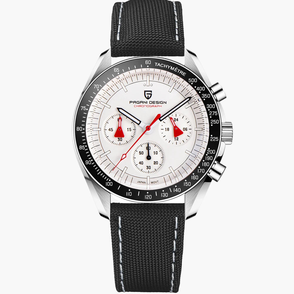 Pagani Design watch with black strap and white face on a white background