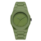 Green watch with a matching band on a white background