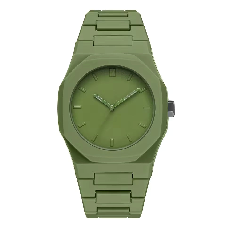 Green watch with a matching band on a white background