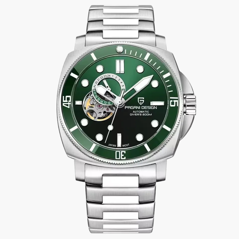 Green watch with silver case and band on a white background, featuring Pagani Design logo.