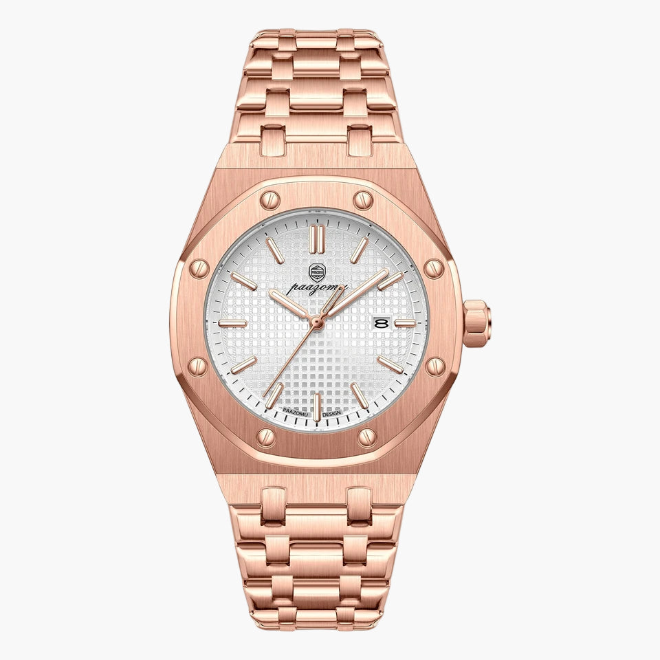 The Santorini Elite men's luxury watch with a white dial and stainless steel