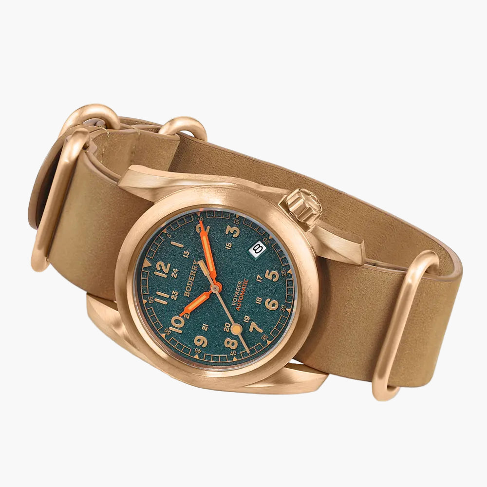 Watch with gold case and brown strap on a white background