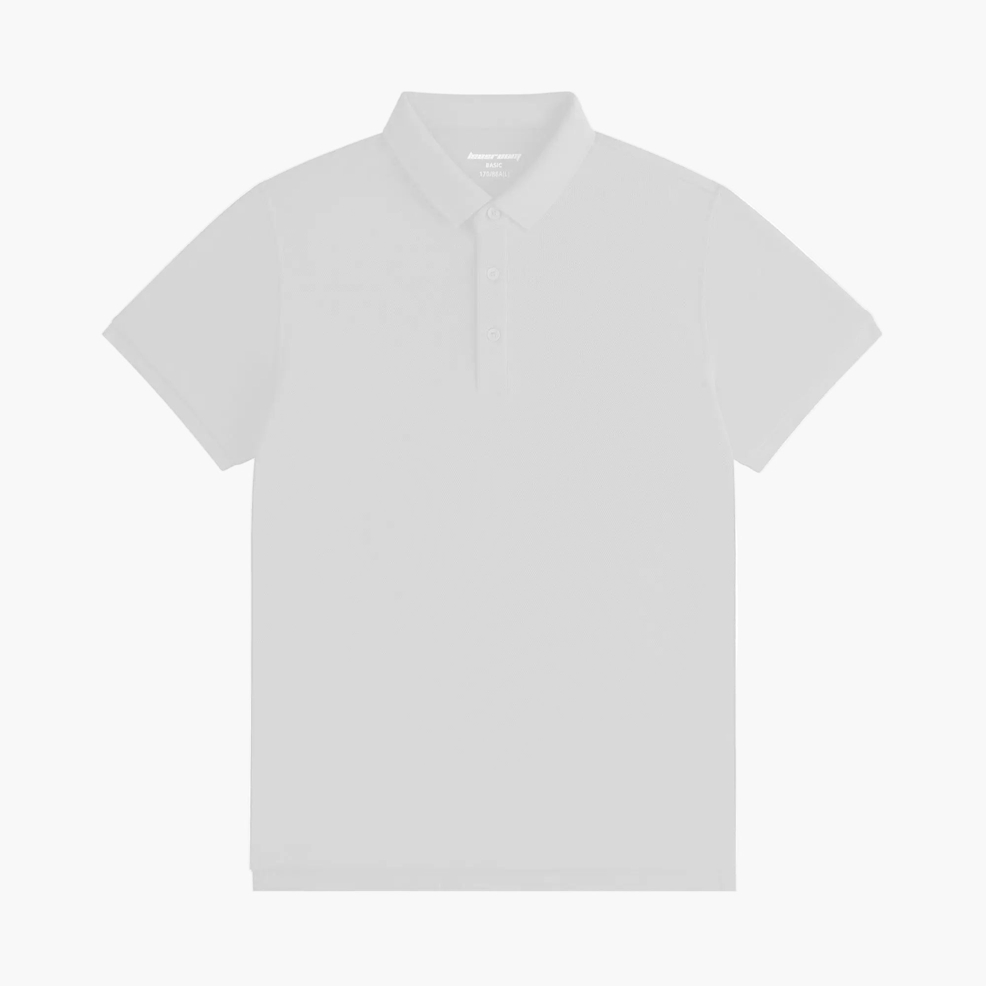 White polo shirt on a white background with 'WHITE' text below.