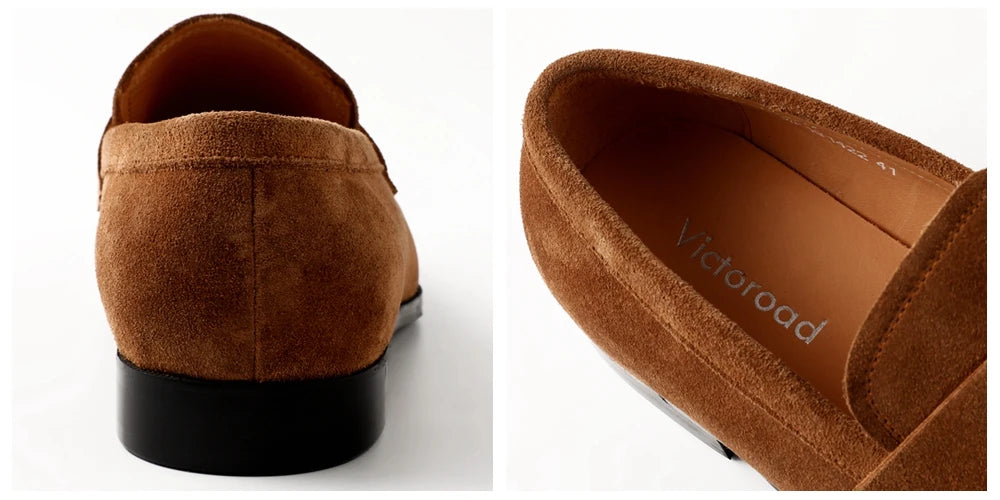 Brown suede loafers with 'Victoroad' branding on a white background