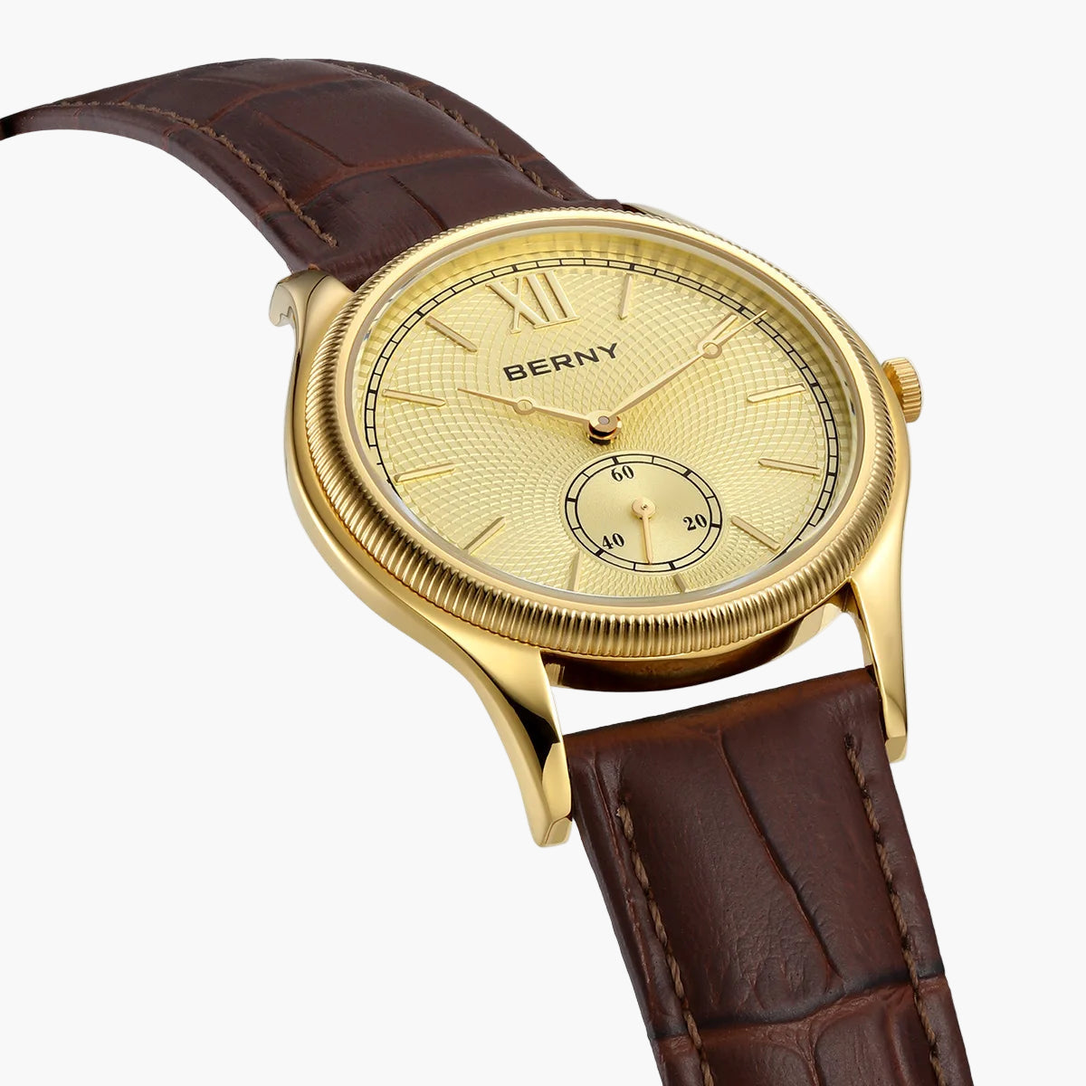 Gold watch with a brown leather strap on a white background