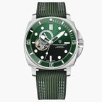 Green Pagani Design watch with silver case and green strap on white background