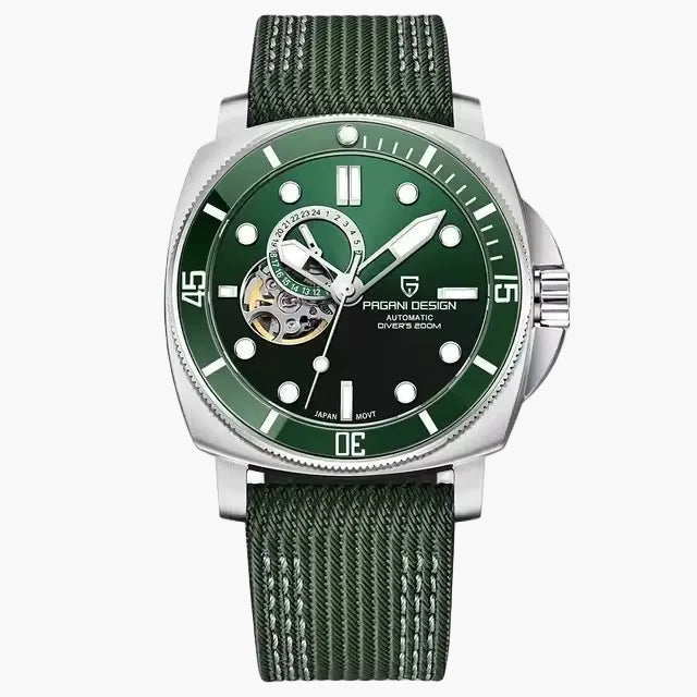 Green Pagani Design watch with silver case and green strap on white background