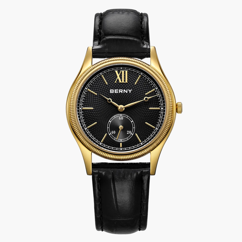 Berny watch with black leather strap and gold casing on a white background